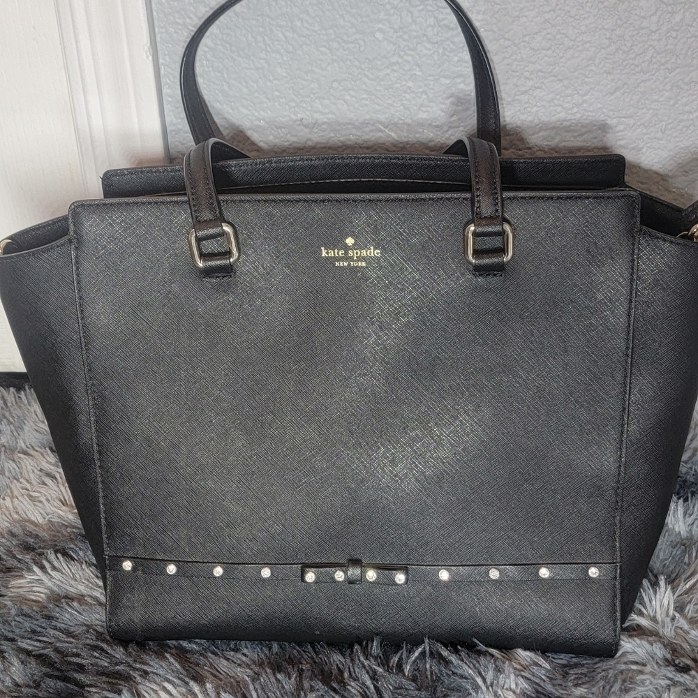 Kate Spade Laurel Way Jeweled Large Hadlee Black Leather Bag 11.5"‎ X 10" EUC - Picture 9 of 16